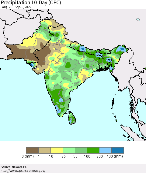 Southern Asia Precipitation 10-Day (CPC) Thematic Map For 8/26/2022 - 9/5/2022