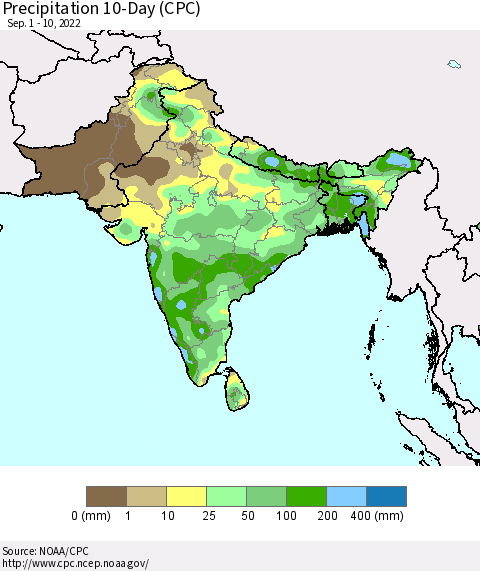 Southern Asia Precipitation 10-Day (CPC) Thematic Map For 9/1/2022 - 9/10/2022