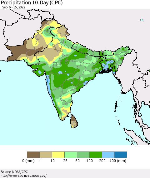 Southern Asia Precipitation 10-Day (CPC) Thematic Map For 9/6/2022 - 9/15/2022