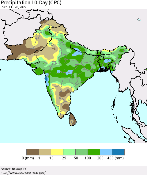 Southern Asia Precipitation 10-Day (CPC) Thematic Map For 9/11/2022 - 9/20/2022