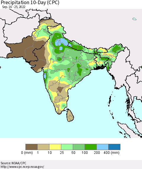 Southern Asia Precipitation 10-Day (CPC) Thematic Map For 9/16/2022 - 9/25/2022