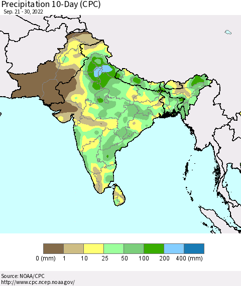 Southern Asia Precipitation 10-Day (CPC) Thematic Map For 9/21/2022 - 9/30/2022