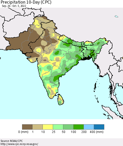 Southern Asia Precipitation 10-Day (CPC) Thematic Map For 9/26/2022 - 10/5/2022
