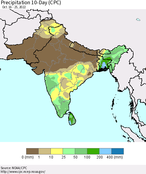Southern Asia Precipitation 10-Day (CPC) Thematic Map For 10/16/2022 - 10/25/2022