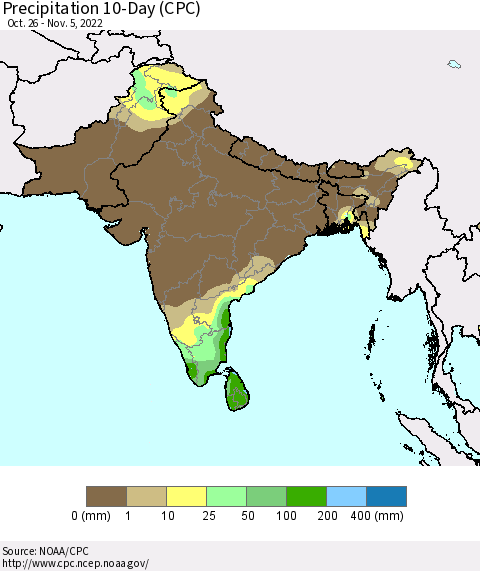 Southern Asia Precipitation 10-Day (CPC) Thematic Map For 10/26/2022 - 11/5/2022