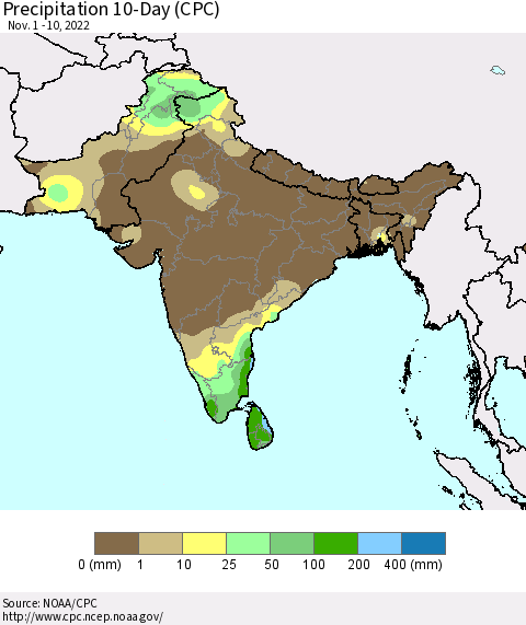 Southern Asia Precipitation 10-Day (CPC) Thematic Map For 11/1/2022 - 11/10/2022