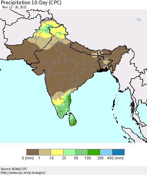 Southern Asia Precipitation 10-Day (CPC) Thematic Map For 11/11/2022 - 11/20/2022