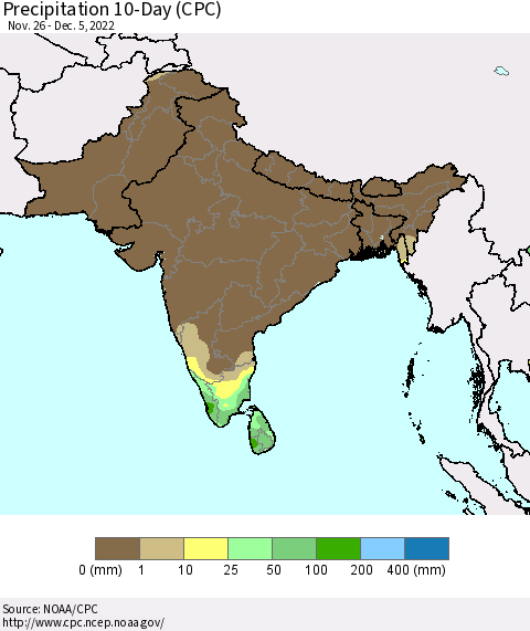 Southern Asia Precipitation 10-Day (CPC) Thematic Map For 11/26/2022 - 12/5/2022