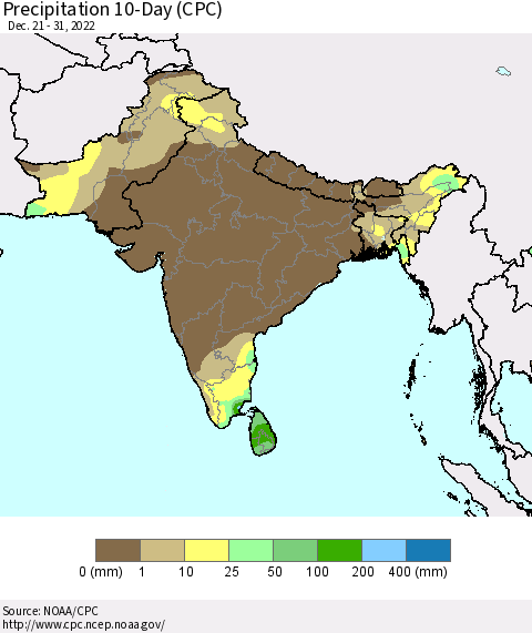 Southern Asia Precipitation 10-Day (CPC) Thematic Map For 12/21/2022 - 12/31/2022