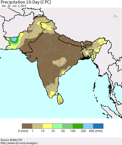 Southern Asia Precipitation 10-Day (CPC) Thematic Map For 12/26/2022 - 1/5/2023