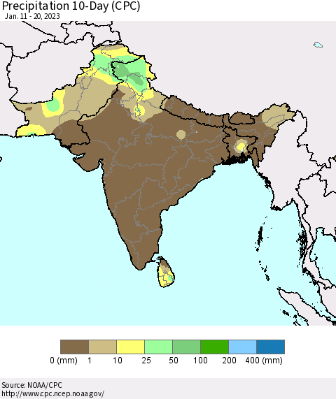 Southern Asia Precipitation 10-Day (CPC) Thematic Map For 1/11/2023 - 1/20/2023