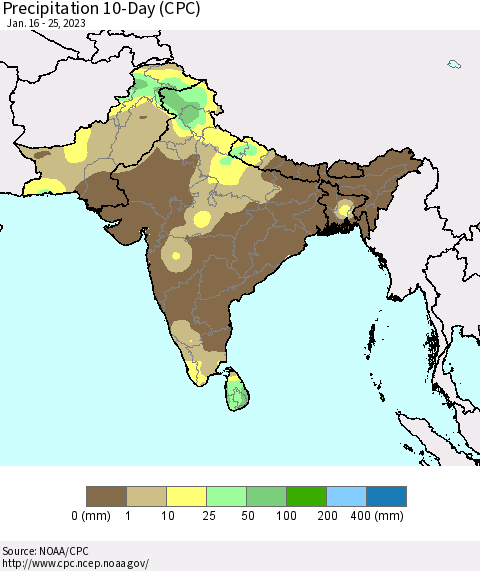 Southern Asia Precipitation 10-Day (CPC) Thematic Map For 1/16/2023 - 1/25/2023
