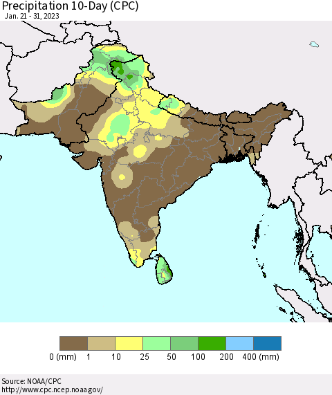Southern Asia Precipitation 10-Day (CPC) Thematic Map For 1/21/2023 - 1/31/2023