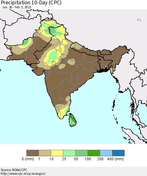 Southern Asia Precipitation 10-Day (CPC) Thematic Map For 1/26/2023 - 2/5/2023