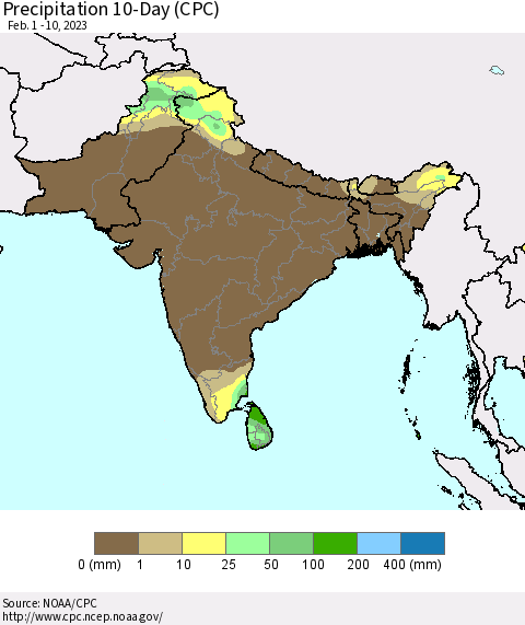 Southern Asia Precipitation 10-Day (CPC) Thematic Map For 2/1/2023 - 2/10/2023