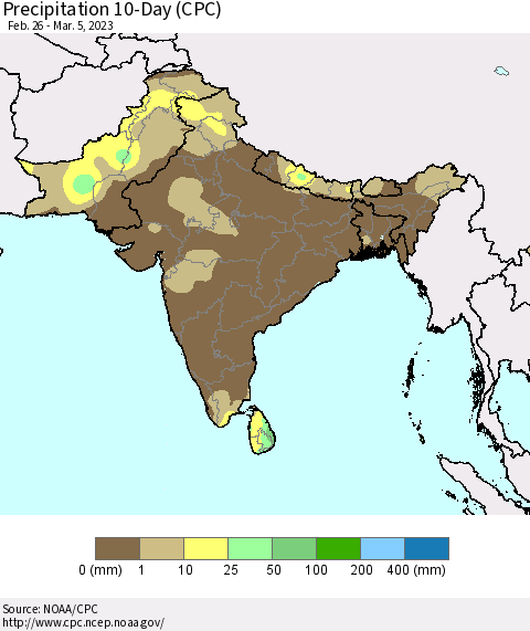 Southern Asia Precipitation 10-Day (CPC) Thematic Map For 2/26/2023 - 3/5/2023