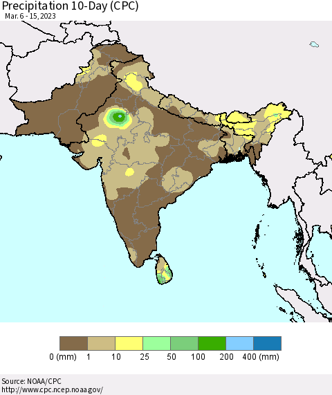 Southern Asia Precipitation 10-Day (CPC) Thematic Map For 3/6/2023 - 3/15/2023