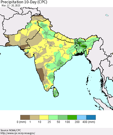 Southern Asia Precipitation 10-Day (CPC) Thematic Map For 3/11/2023 - 3/20/2023