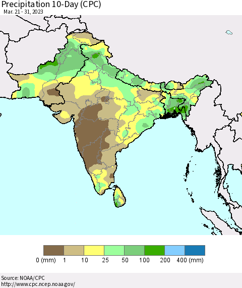 Southern Asia Precipitation 10-Day (CPC) Thematic Map For 3/21/2023 - 3/31/2023