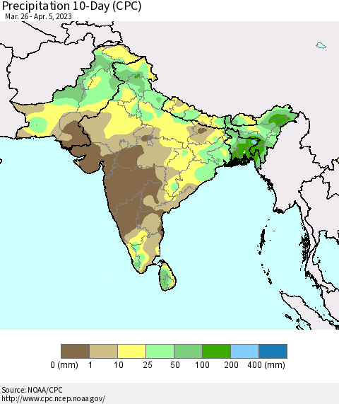 Southern Asia Precipitation 10-Day (CPC) Thematic Map For 3/26/2023 - 4/5/2023