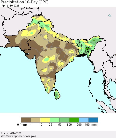 Southern Asia Precipitation 10-Day (CPC) Thematic Map For 4/1/2023 - 4/10/2023