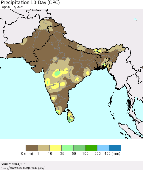 Southern Asia Precipitation 10-Day (CPC) Thematic Map For 4/6/2023 - 4/15/2023