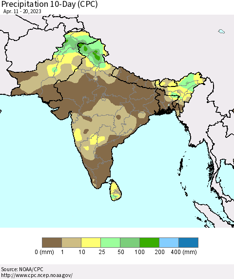 Southern Asia Precipitation 10-Day (CPC) Thematic Map For 4/11/2023 - 4/20/2023
