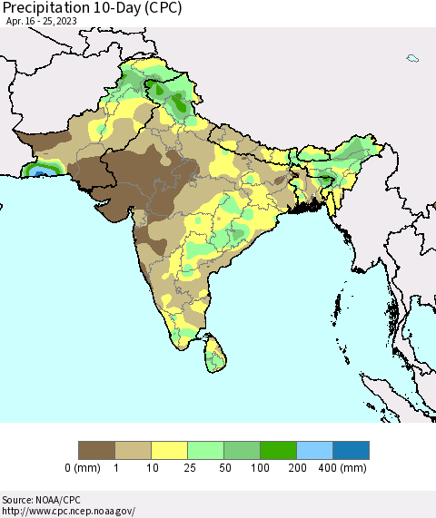Southern Asia Precipitation 10-Day (CPC) Thematic Map For 4/16/2023 - 4/25/2023