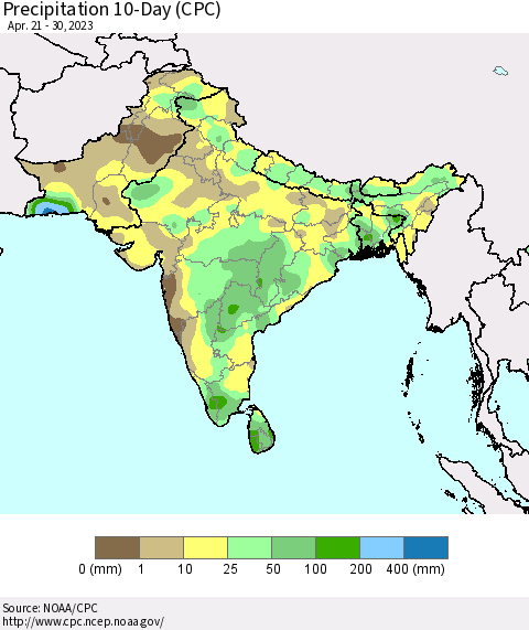 Southern Asia Precipitation 10-Day (CPC) Thematic Map For 4/21/2023 - 4/30/2023