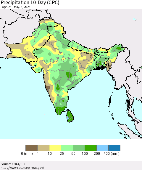 Southern Asia Precipitation 10-Day (CPC) Thematic Map For 4/26/2023 - 5/5/2023