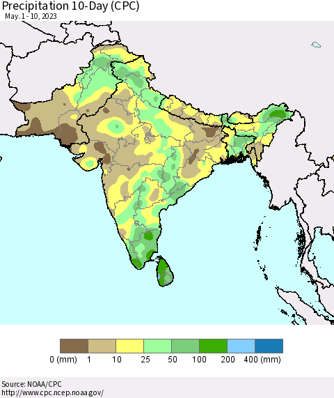 Southern Asia Precipitation 10-Day (CPC) Thematic Map For 5/1/2023 - 5/10/2023