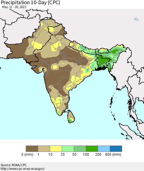 Southern Asia Precipitation 10-Day (CPC) Thematic Map For 5/11/2023 - 5/20/2023