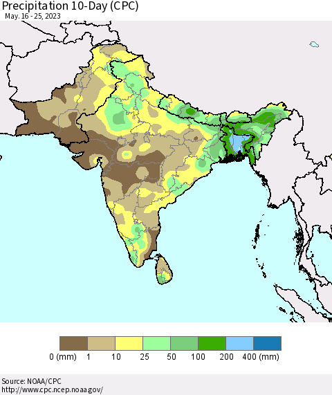 Southern Asia Precipitation 10-Day (CPC) Thematic Map For 5/16/2023 - 5/25/2023