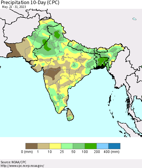Southern Asia Precipitation 10-Day (CPC) Thematic Map For 5/21/2023 - 5/31/2023