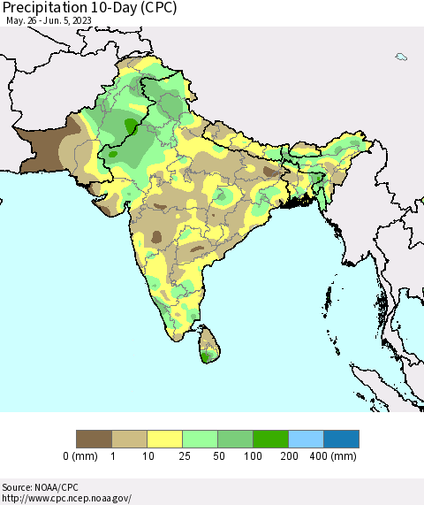 Southern Asia Precipitation 10-Day (CPC) Thematic Map For 5/26/2023 - 6/5/2023