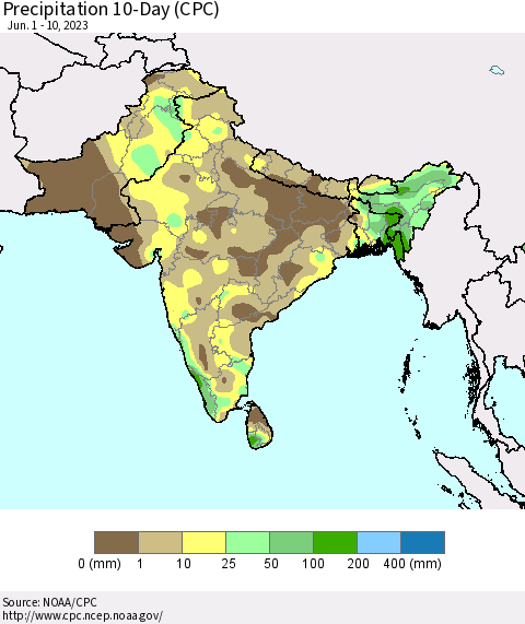 Southern Asia Precipitation 10-Day (CPC) Thematic Map For 6/1/2023 - 6/10/2023