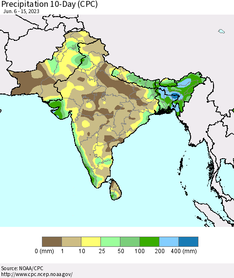 Southern Asia Precipitation 10-Day (CPC) Thematic Map For 6/6/2023 - 6/15/2023