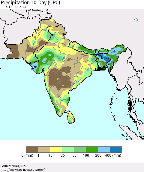 Southern Asia Precipitation 10-Day (CPC) Thematic Map For 6/11/2023 - 6/20/2023