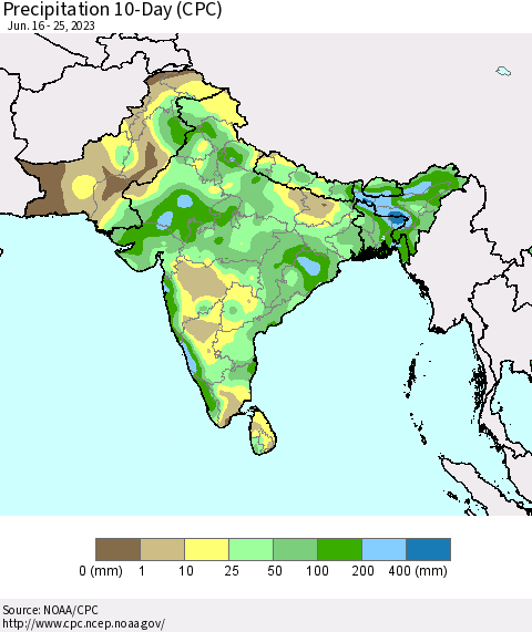 Southern Asia Precipitation 10-Day (CPC) Thematic Map For 6/16/2023 - 6/25/2023