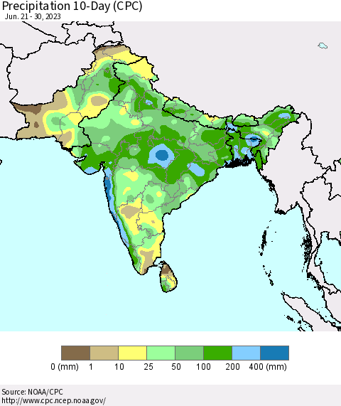 Southern Asia Precipitation 10-Day (CPC) Thematic Map For 6/21/2023 - 6/30/2023