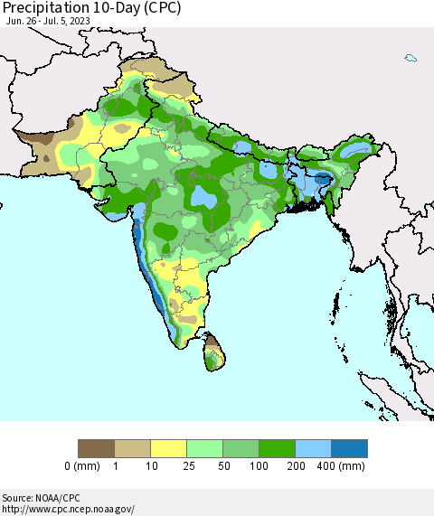 Southern Asia Precipitation 10-Day (CPC) Thematic Map For 6/26/2023 - 7/5/2023
