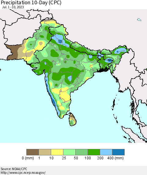 Southern Asia Precipitation 10-Day (CPC) Thematic Map For 7/1/2023 - 7/10/2023