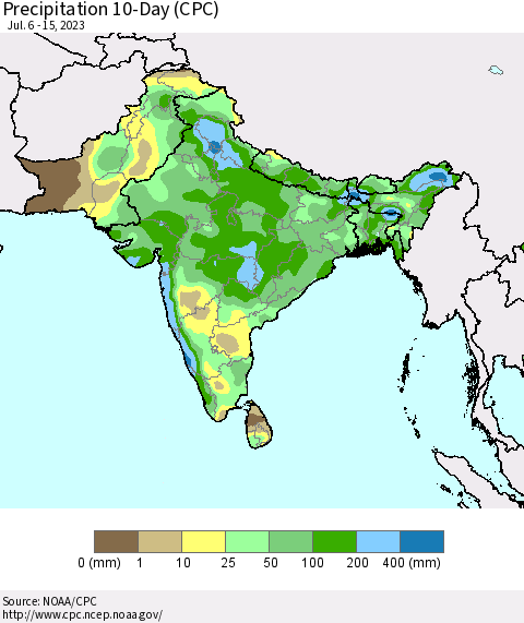 Southern Asia Precipitation 10-Day (CPC) Thematic Map For 7/6/2023 - 7/15/2023