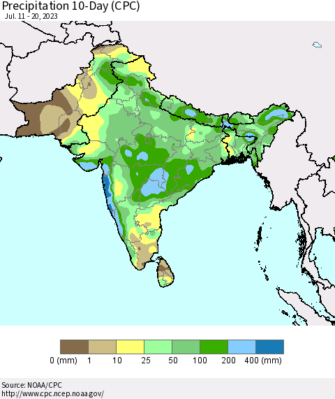 Southern Asia Precipitation 10-Day (CPC) Thematic Map For 7/11/2023 - 7/20/2023