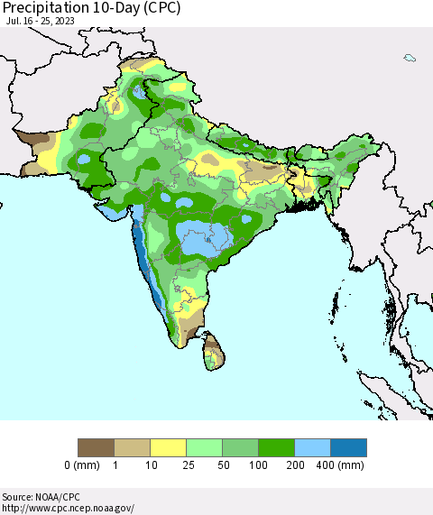 Southern Asia Precipitation 10-Day (CPC) Thematic Map For 7/16/2023 - 7/25/2023