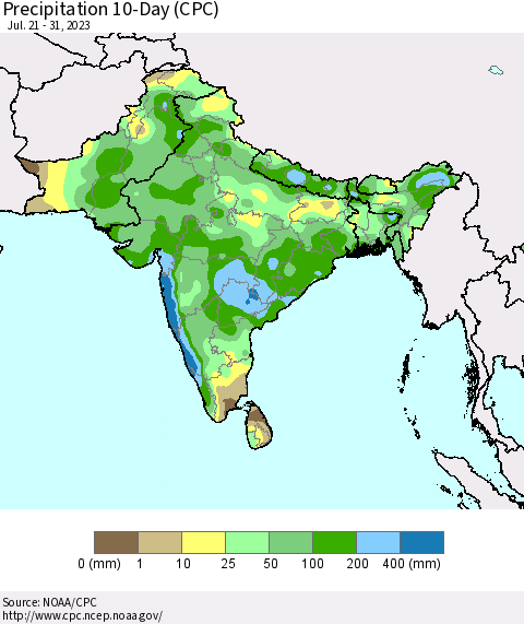 Southern Asia Precipitation 10-Day (CPC) Thematic Map For 7/21/2023 - 7/31/2023