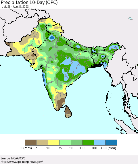 Southern Asia Precipitation 10-Day (CPC) Thematic Map For 7/26/2023 - 8/5/2023