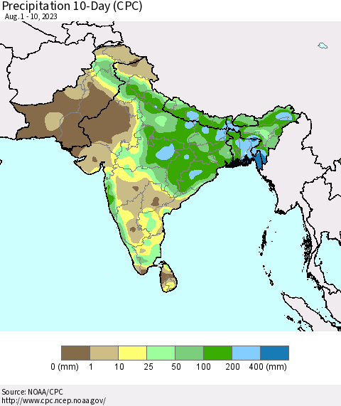 Southern Asia Precipitation 10-Day (CPC) Thematic Map For 8/1/2023 - 8/10/2023