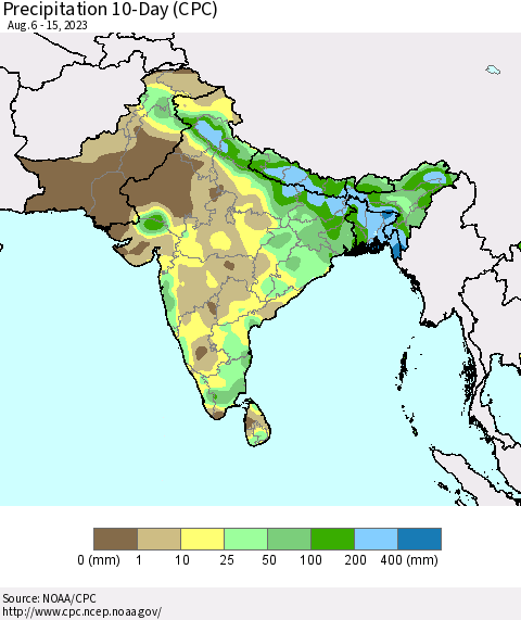 Southern Asia Precipitation 10-Day (CPC) Thematic Map For 8/6/2023 - 8/15/2023