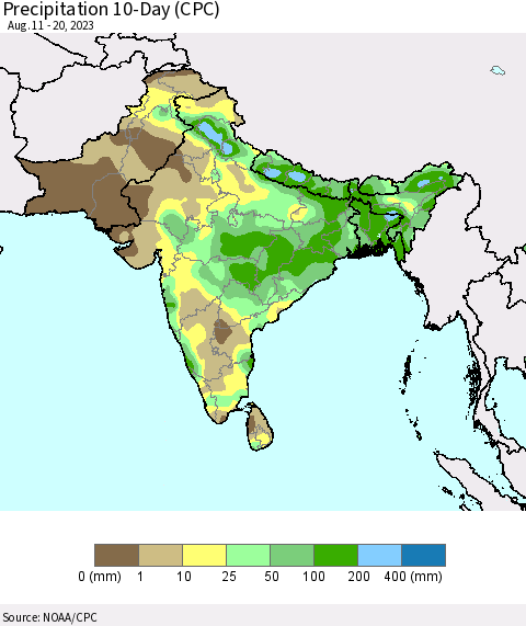 Southern Asia Precipitation 10-Day (CPC) Thematic Map For 8/11/2023 - 8/20/2023